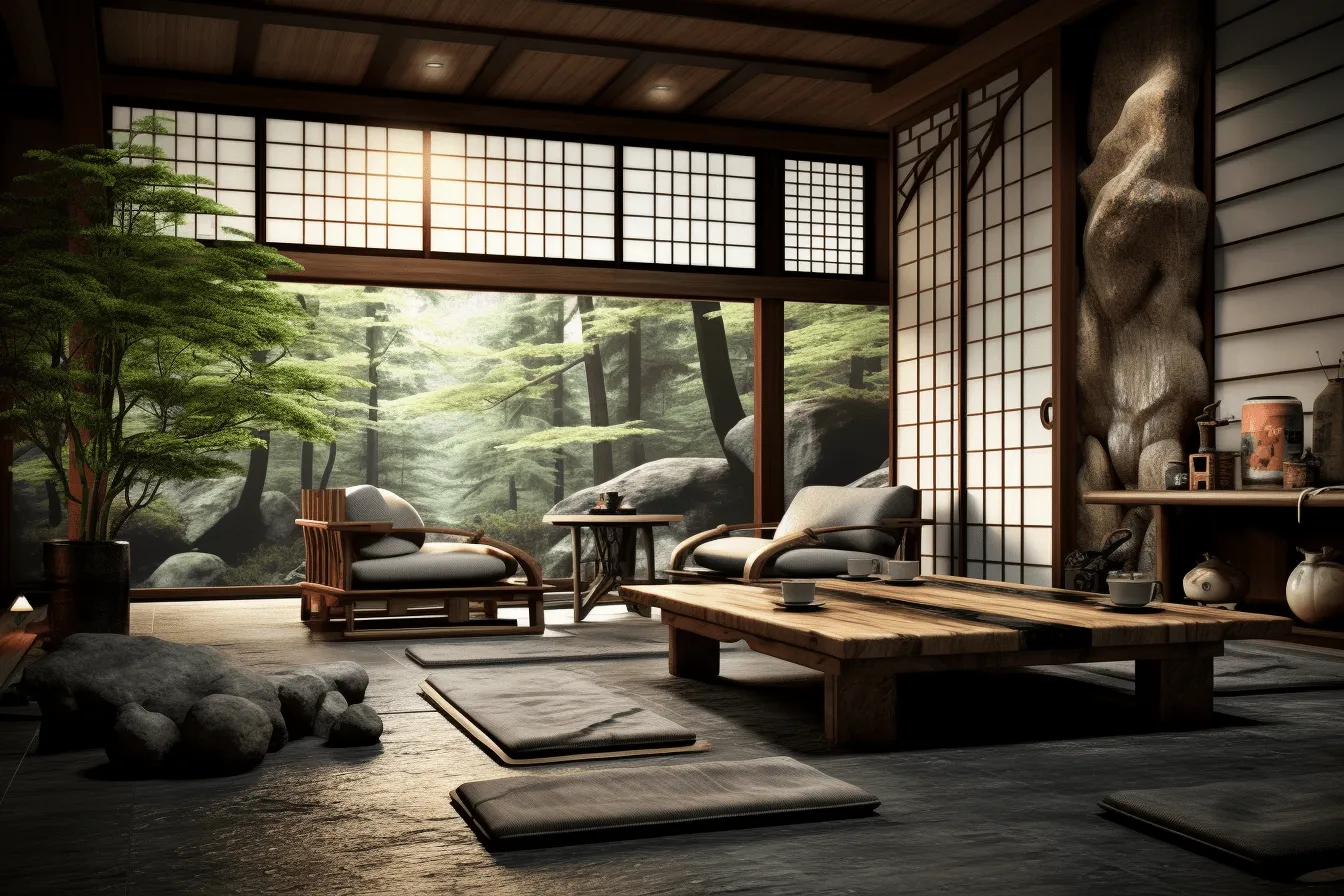 Brown wooden floor on the stone floor, japanese-inspired imagery, daz3d, unreal engine 5, tranquil landscapes, cabincore, high-contrast shading, windows vista