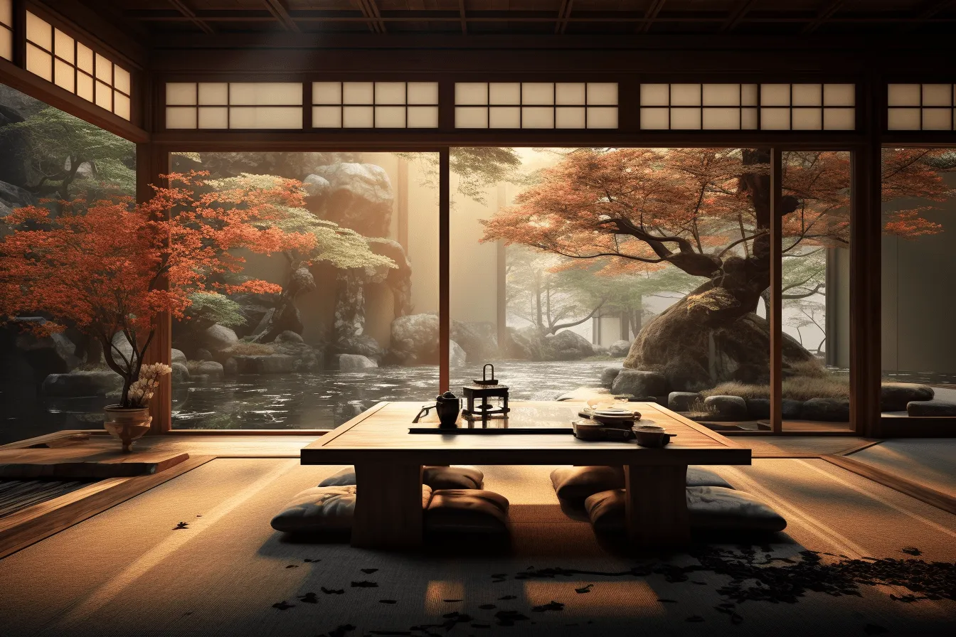 Sitting room surrounded by trees and windows, japanese-inspired imagery, 8k resolution, concept art, tabletop photography, i can't believe how beautiful this is, dark white and amber, zen-inspired