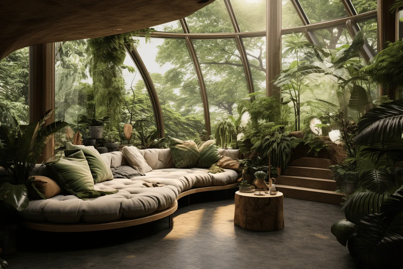 Living room with lots of plants surrounding the sofa, dreamlike architecture, cabincore, realistic rendering, atmospheric woodland imagery, rounded, 32k uhd, photorealistic rendering