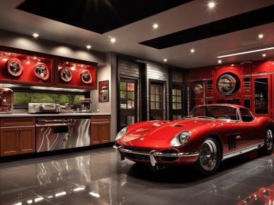 Kitchen Area Near A Red Sports Car In A Garage