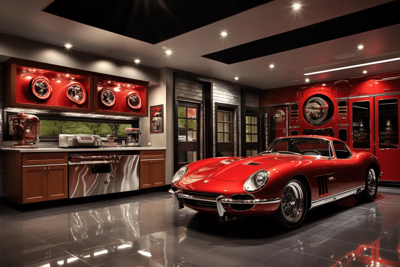 Red sports car in a garage, rich tonal palette, enchanting lighting, naturalistic renderings, rustic charm, highly polished surfaces, vintage-inspired designs, polished craftsmanship