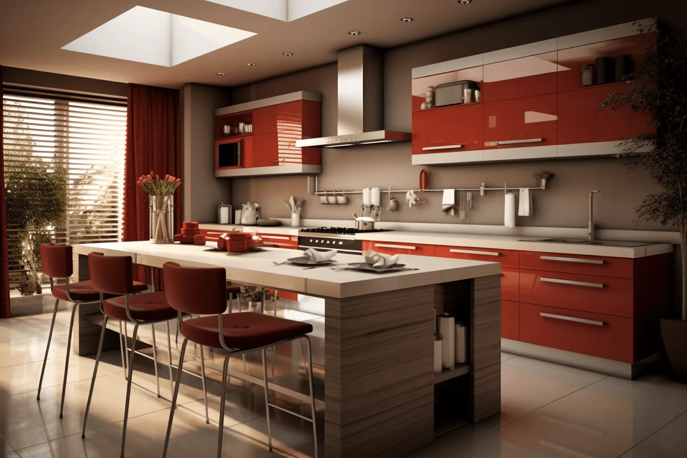 Kitchen is red, realistic hyper-detailed rendering, dark silver and light orange, solarization, dark white and beige, 32k uhd, layered translucency, grit and grain