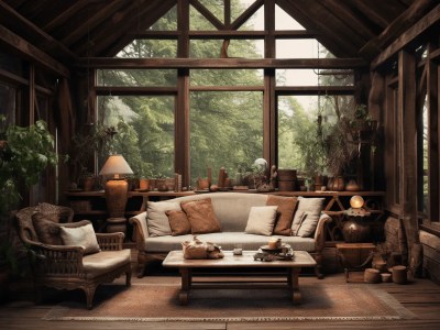 Large Floor To Ceiling Windows At End Of Log Cabin Room