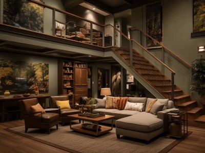 Large Living Room Has A Stair Case, Couches And Books