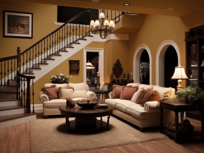 Large Living Room With A Staircase And A Couch With Yellow Walls