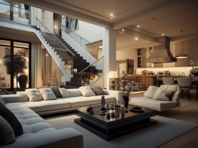Large Living Room With Some Furniture And A Staircase