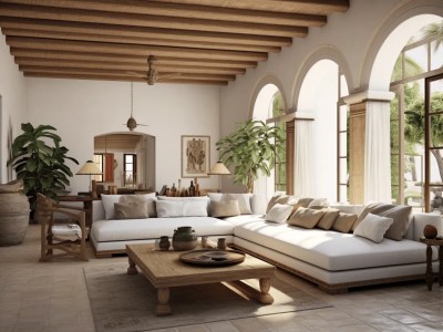 Large Living Room With Wooden Arches And White Furniture