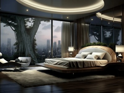 Large, Modern Bedroom With A Bed And Large Window Overlooking The City Skyline