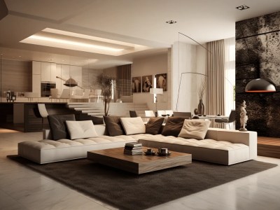 Large Modern Living Room Decorated With Brown Furniture And A Coffee Table