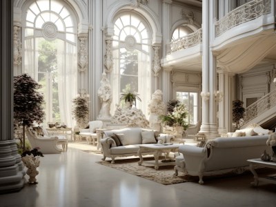 Large Ornate And Luxurious Living Room With An Ornate Balcony