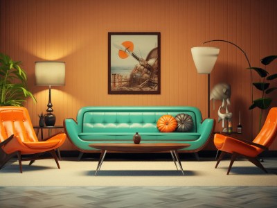 Large Picture Of A Living Room With An Orange Couch, Table, And Chairs