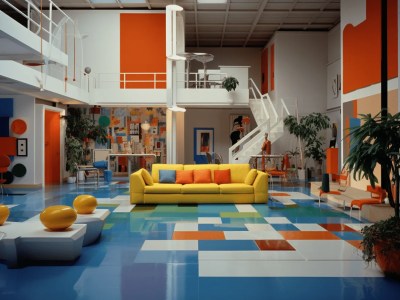Large Room With Blue Floors And Bright Objects