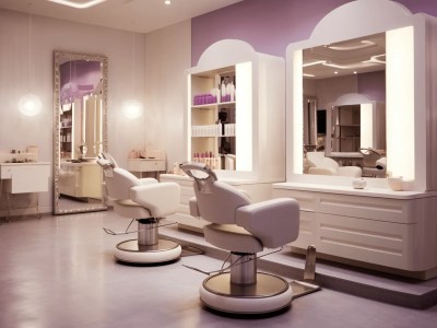 Large Style Hair Dresser And Two Purple Mirrors Inside Of A White Beauty Salon