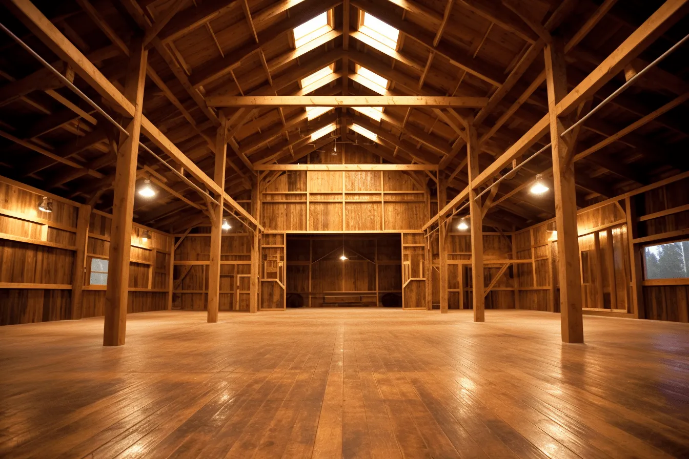 Large barn with wooden floors and  beams, luminescent light, symmetrical, expansive