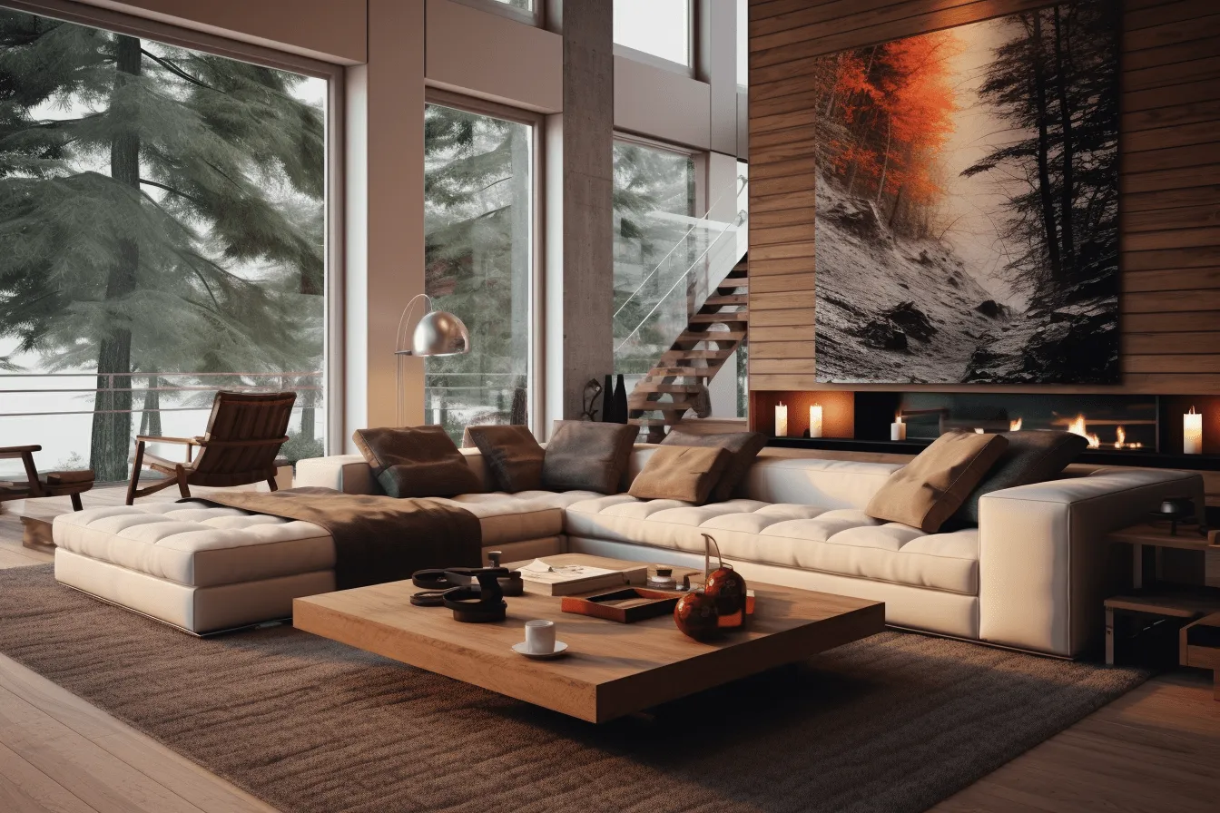 Snowy trees in the windows, photorealistic renderings, unreal engine 5, realistic interiors, utilizes, dynamic contemporary, realistic yet stylized, beige and amber