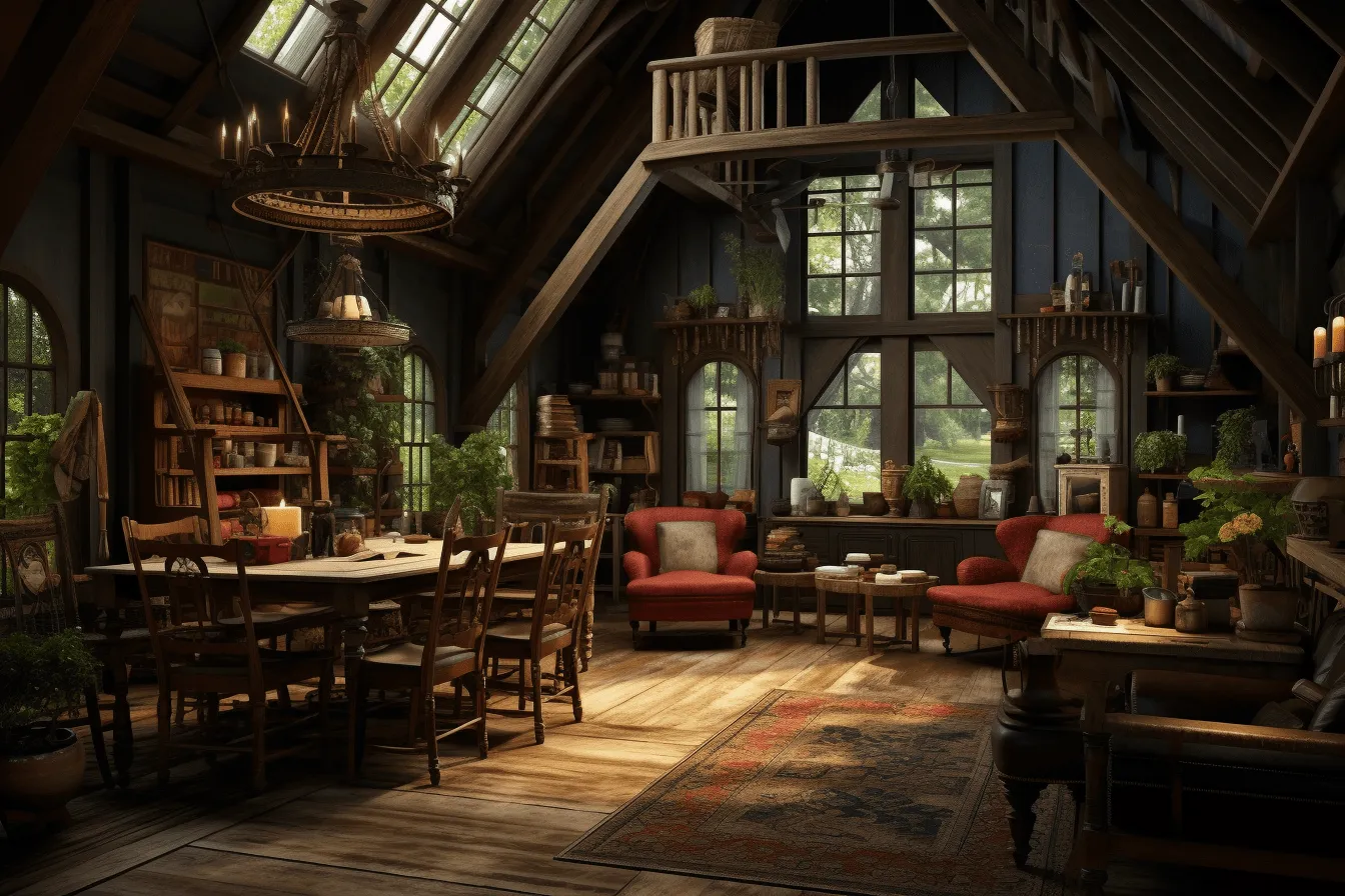 Room within a room in the cottage, unreal engine 5, lifelike renderings, uhd image, outdoor scenes, storybook-like, realistic and hyper-detailed renderings, dark red and amber