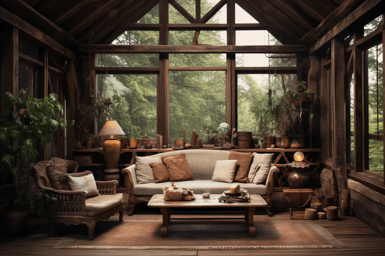 Rooms with large windows, naturalistic landscape backgrounds, primitivist elements, muted, earthy tones, outdoor scenes, wood, uhd image, cottagepunk