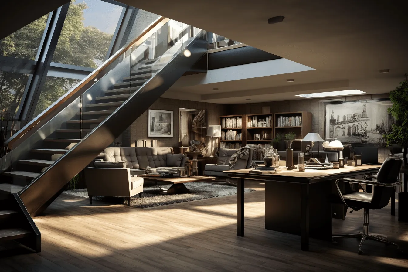 Large, grey spiral staircase in the living room, rendered in unreal engine, realistic still lifes with dramatic lighting, use of earth tones, the helsinki school, luxurious, eerily realistic, precisionist
