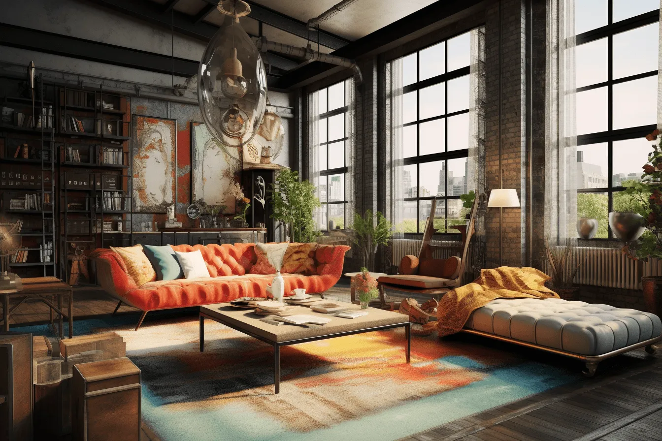 Large industrial living room with furniture, light red and dark amber, vibrant airy scenes, soft edges and atmospheric effects, eccentric props, urban grittiness, richly colored, decorative style