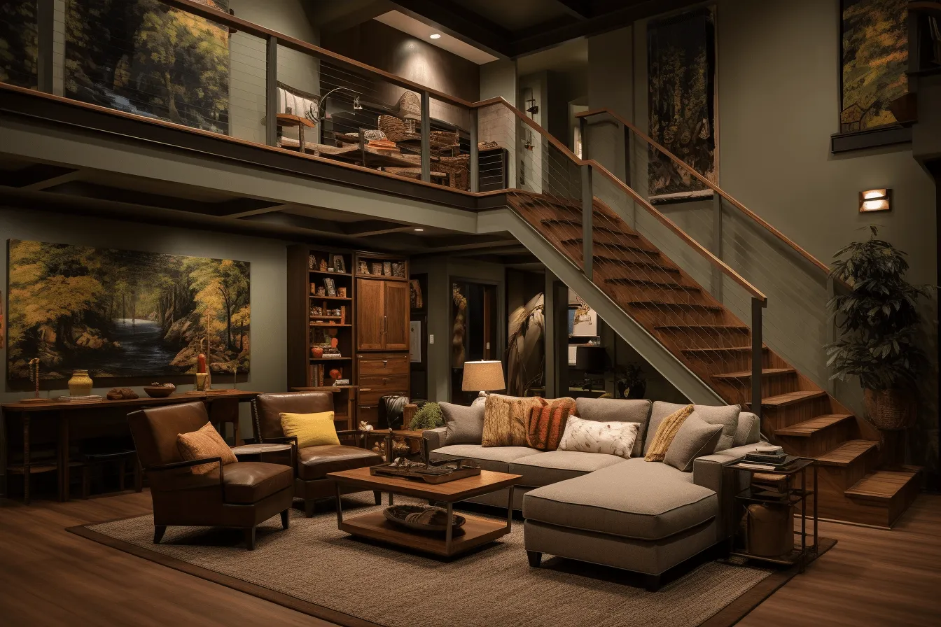 Large living room has a stair case, couches and books, unreal engine 5, nature-inspired, precisionist, brown and amber, action-packed cartoons, rich and tonal, outdoor scenes