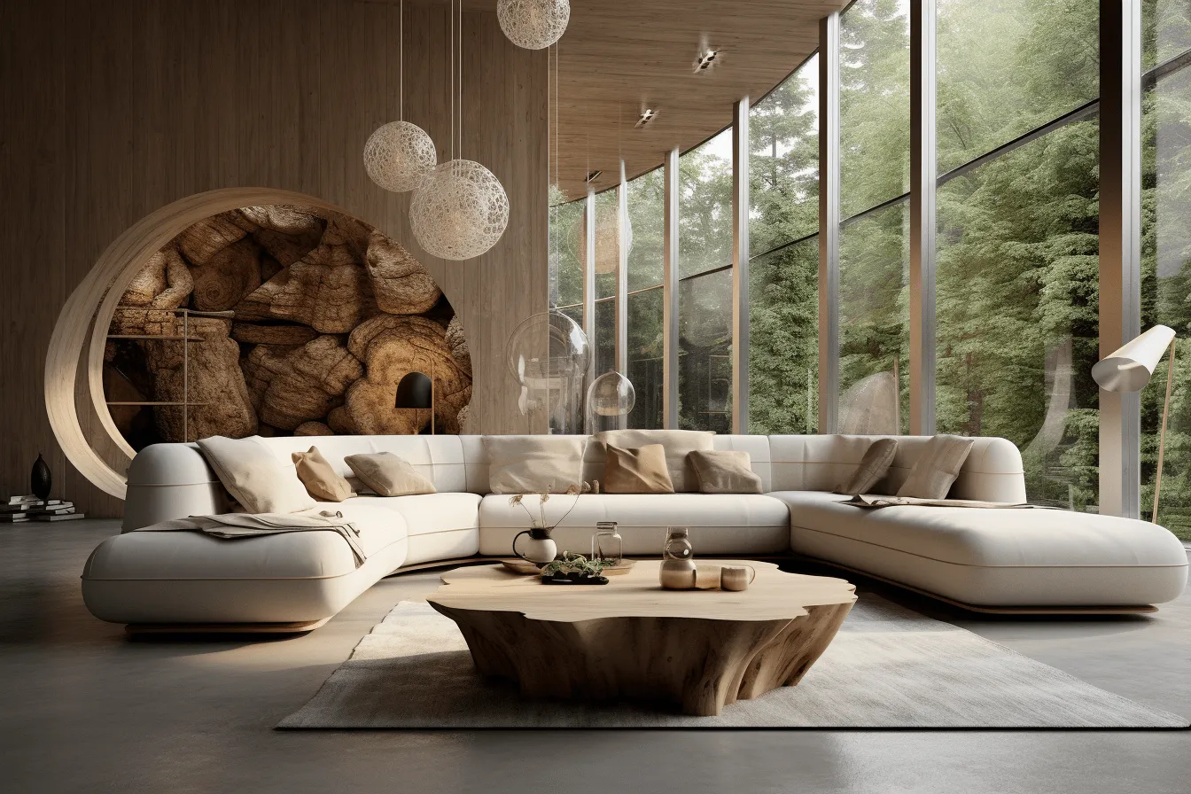 Large dining room wall covered in white wood, decorated with sofa and candle, naturalistic rendering, naturalistic landscape, layered organic forms, clear edge definition, wood, earth tones, eco-architecture