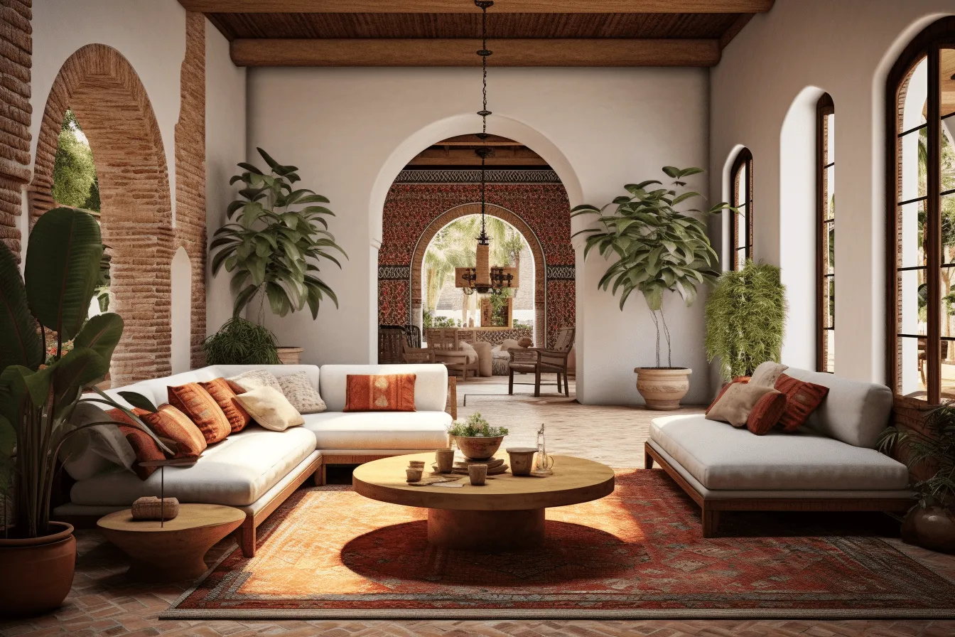 Outdoor area with two couches and a table, arched doorways, vray tracing, terracotta medallions, exotic, light white and dark orange, interior scenes, hybrid of contemporary and traditional