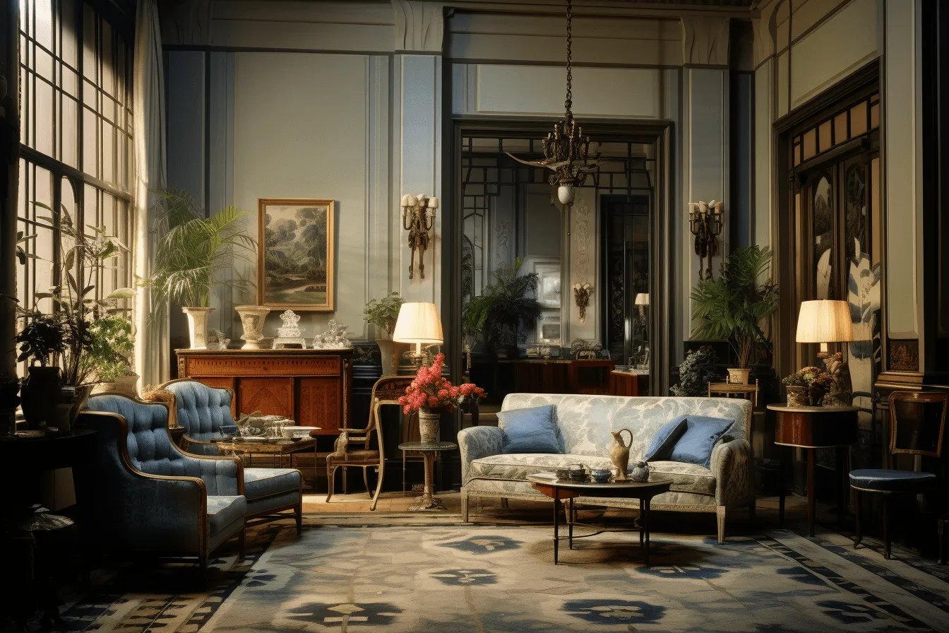 Large living room with antique furniture, vray tracing, 19th century french academy, atmospheric lighting, light brown and indigo, atmospheric scenes, 8k resolution, grisaille
