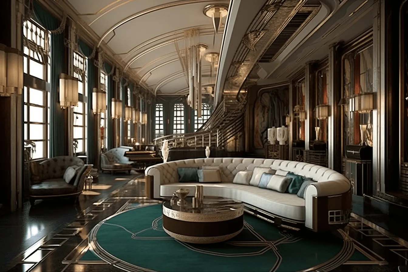 Fancy lobby with high ceiling, large mirror, and green, daz3d, maritime scenes, golden age aesthetics, vray, dark white and cyan, dieselpunk, elegant line work