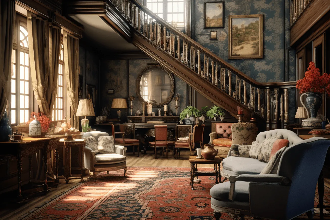 Victorias living room image for free, unreal engine 5, english countryside scenes, vintage cinematic look, navy and brown, edwardian beauty, candid atmosphere, realistic attention to detail