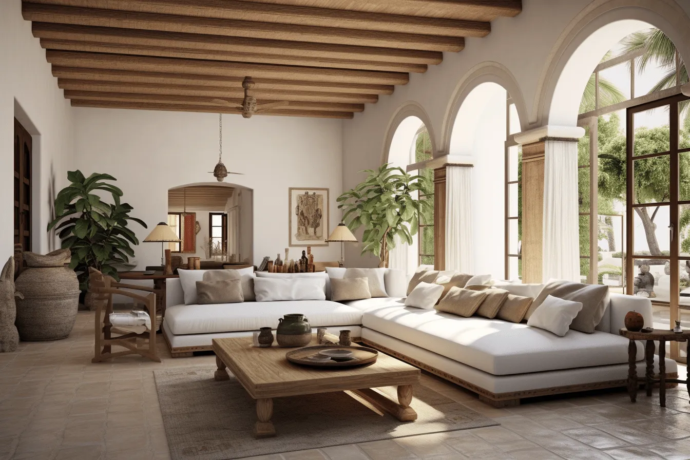 This is some sort of traditional design living room with white couches, monolithic structures, uhd image, mediterranean-inspired, ray tracing, traditional mexican style, subtle, earthy tones, wood