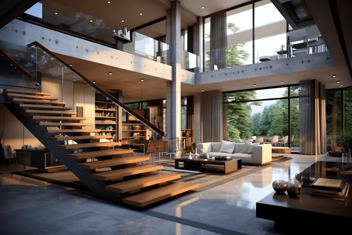 Modern living room in the mountains, unreal engine, japanese contemporary, grandiose architecture, 32k uhd, piles/stacks, high definition, multilayered