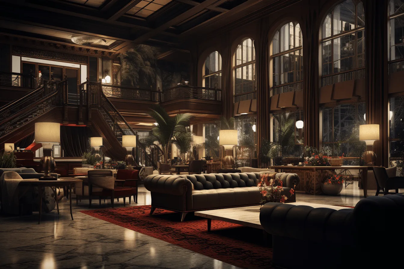 Large lobby with high ceilings and lights, realistic hyperrealism, old timey, unreal engine 5, hyper-realistic urban, gritty hollywood glamour, eerily realistic, vray