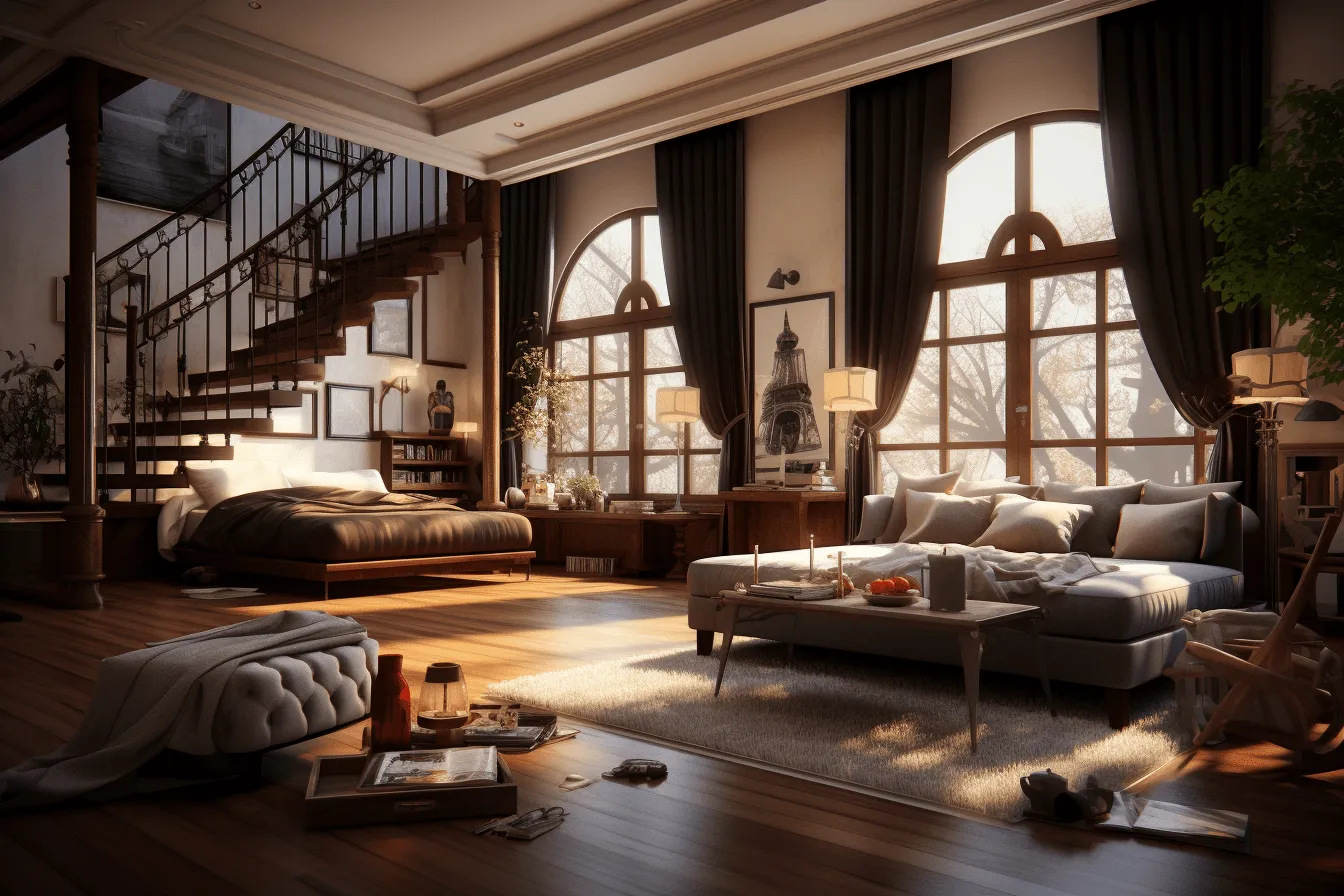 Building a loft, vray tracing, majestic romanticism, 32k uhd, sunrays shine upon it, dark brown and white, leica r8, ornate interiors