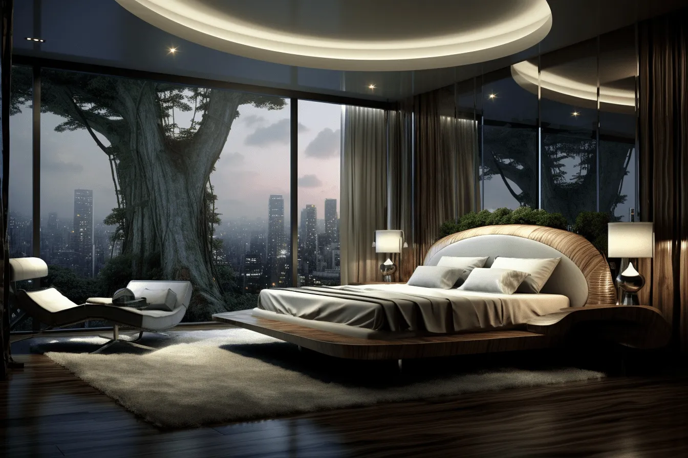 Large, modern bedroom with a bed and large window overlooking the city skyline, mysterious jungle, vray tracing, wood, rounded, organic architecture, illuminated interiors, romanticized nature