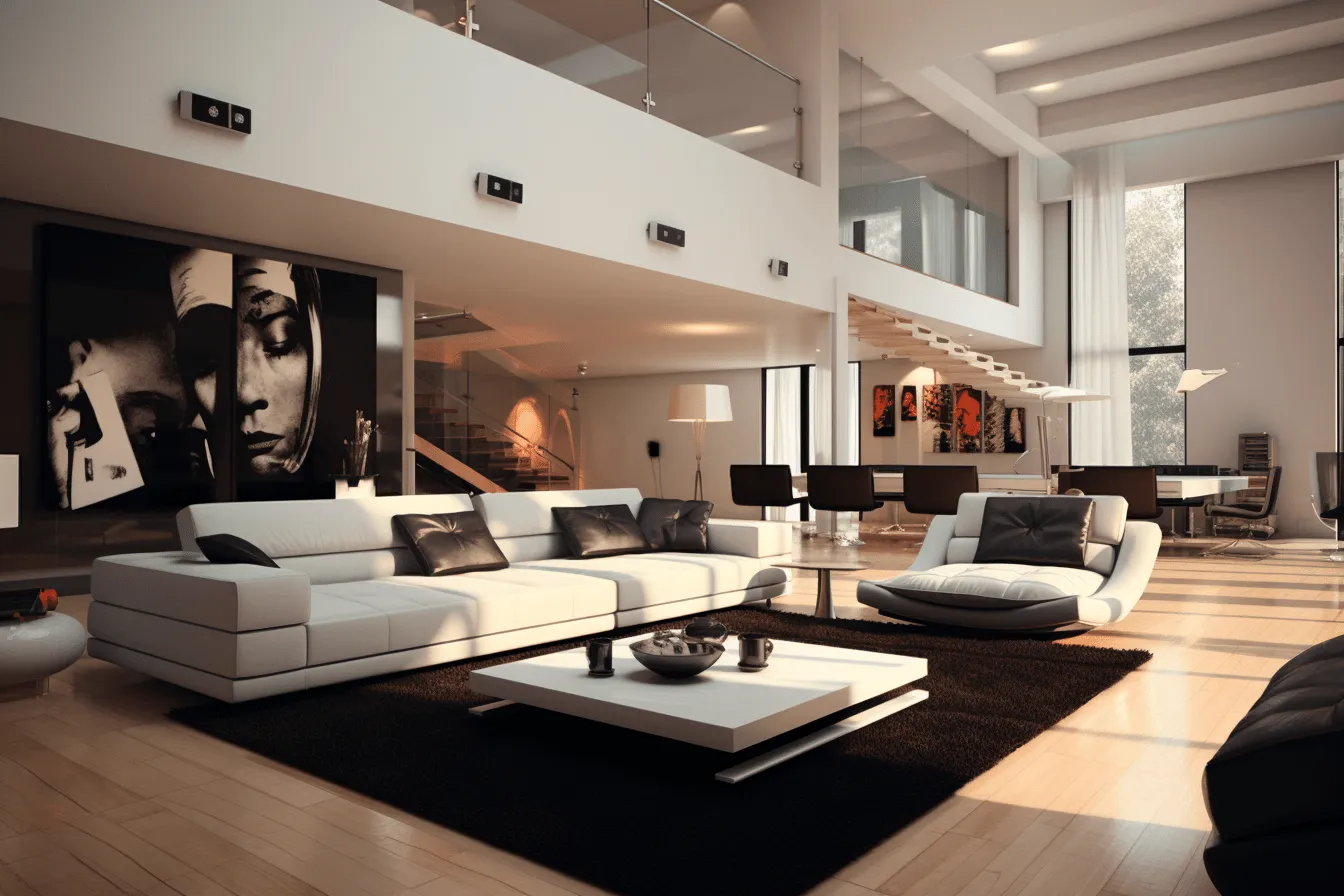 White living room, dynamic chiaroscuro, multi-layered, expansive, sepia tone, richly layered, contemporary diy, symmetrical