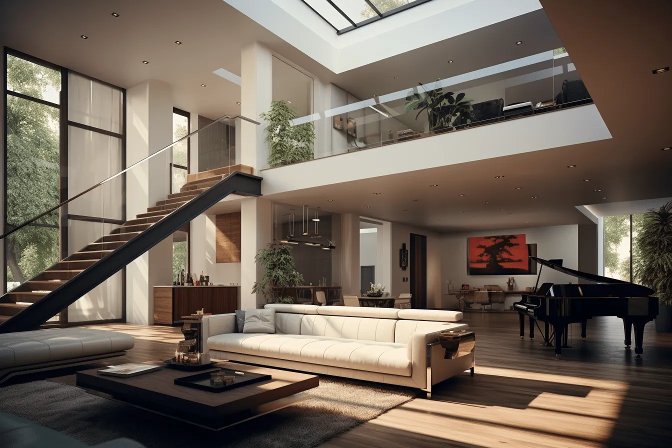 Modern living room with glass walls and staircase, realistic and hyper-detailed renderings, sunrays shine upon it, rendered in maya, urban exploration, contemporary classicism, exquisite craftsmanship, expansive spaces