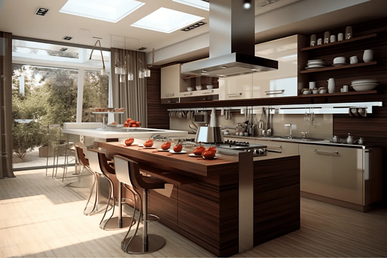 This kitchen is full of very modern appliances, light silver and dark brown, photorealistic compositions, richly layered, vibrant airy scenes, glossy finish, romantic interiors, detailed interiors