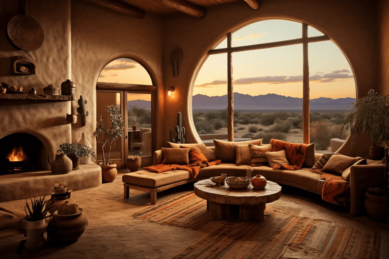 Brown table and chairs with two chairs, otherworldly atmosphere, desertwave, windows vista, arched doorways, golden light, organic architecture, living materials