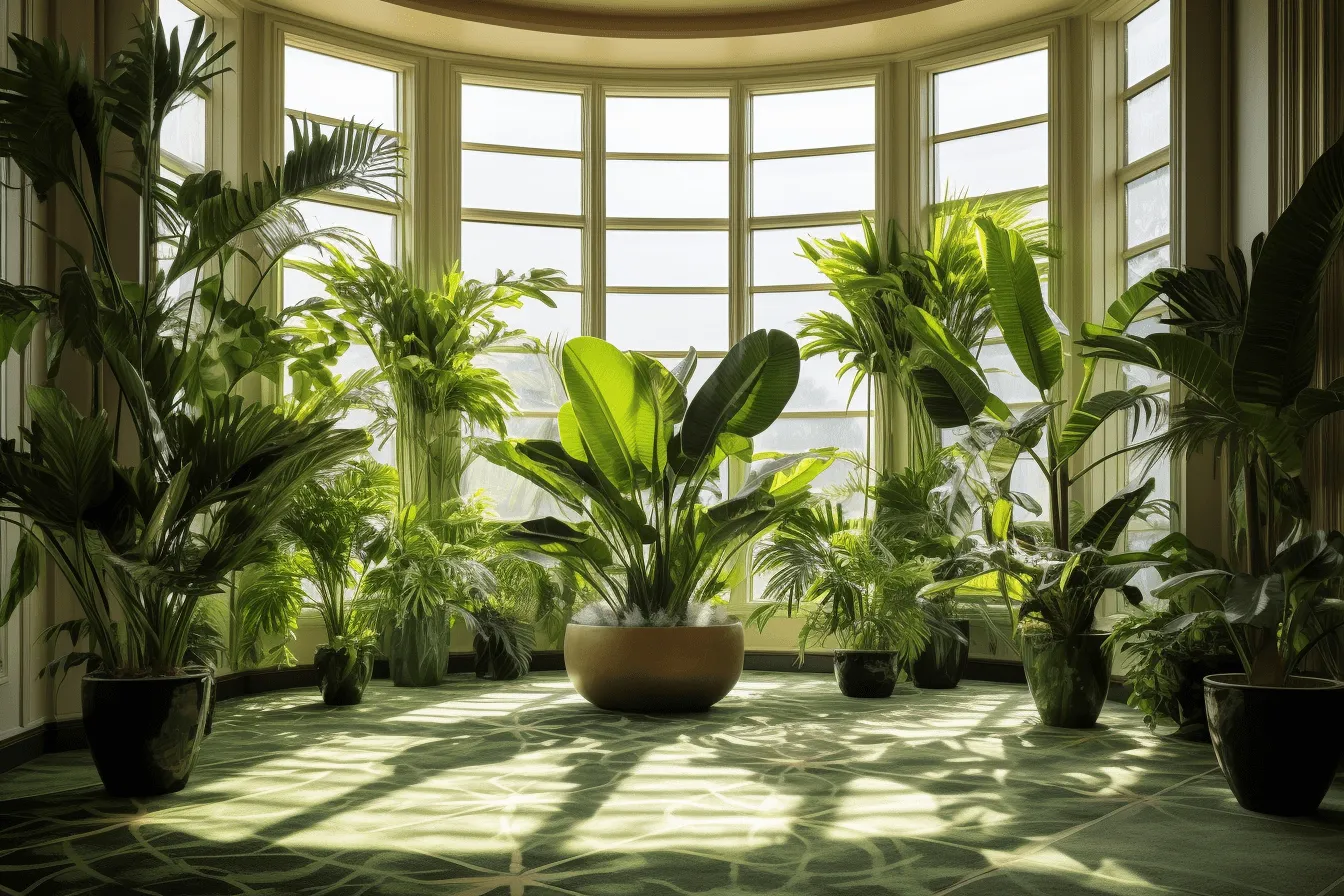 Room full of green plants and a window, ray tracing, majestic ports, panoramic scale, national geographic photo, photorealistic detailing, decorative vessels, dramatic use of shadows
