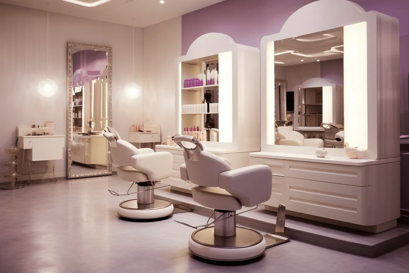 Hair salon featuring purple hair and white chairs, realistic lighting, mediterranean-inspired, soft, muted tones, precise craftsmanship, soft, atmospheric lighting, curved mirrors, light white and light amber