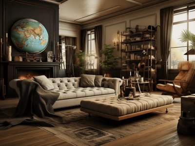 Leather Sofa, Coffee Table, Bookshelf, Globe And Black Framed Print  Illustrative Home Decor, Living Room