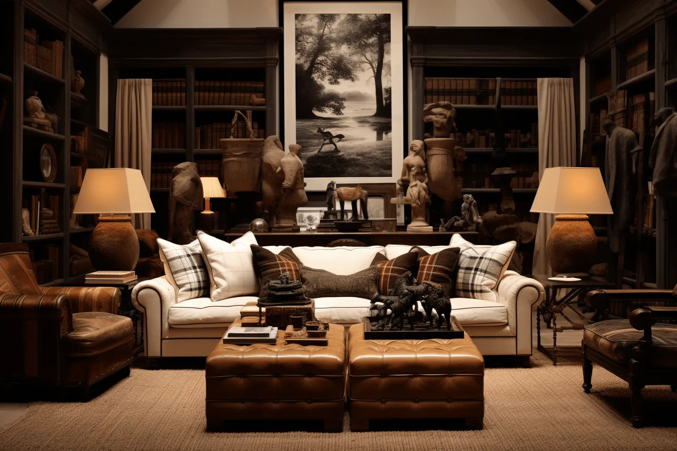 Leather living room, vignetting, dark white and dark amber, bibliopunk, detailed hunting scenes, piles/stacks, realist fine details, restrained serenity