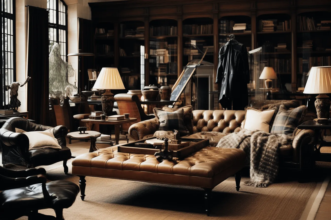 Old bookcase in the large room, leather/hide, meticulous design, soft, atmospheric lighting, masculine, scottish landscapes, solarizing master, photo-realistic