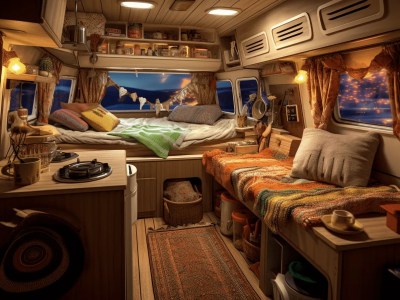 Living Area In A Van With Small Beds, Bedspreads, Towels And A Kitchen
