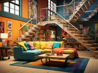 Living Area With Colorful Furniture And A Staircase