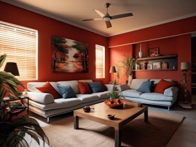 Living Room Contemporary With Red Walls, White Furniture, Large Ceiling Fan