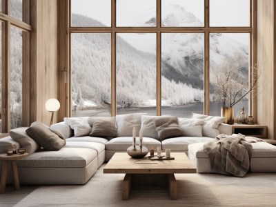 Living Room Decorated With Snowy Mountains And Lots Of Windows