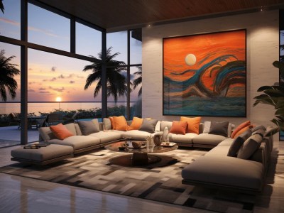 Living Room In A Beach Home With Painted Seascape