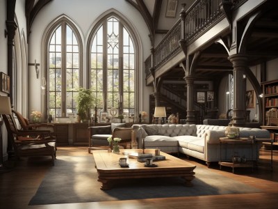 Living Room In A Church With A Fireplace And Large Windows