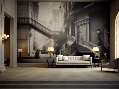 Living Room In A City Building With A Staircase In The Background